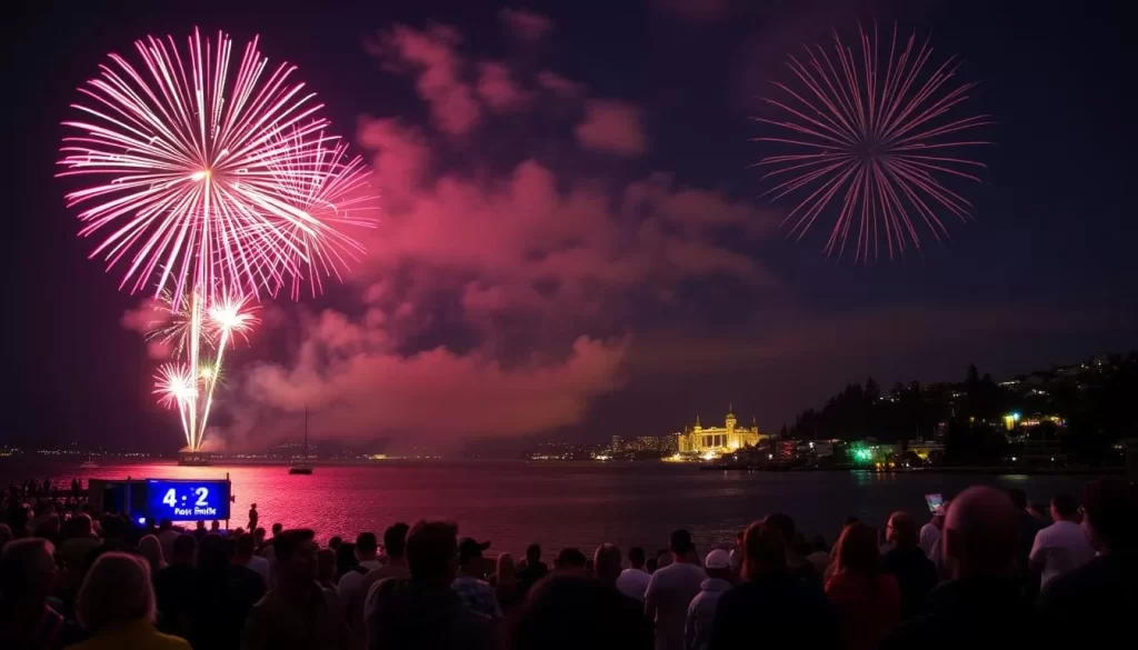 Generate an image of the Celebration of Light fireworks display over English Bay with a crowd watching.