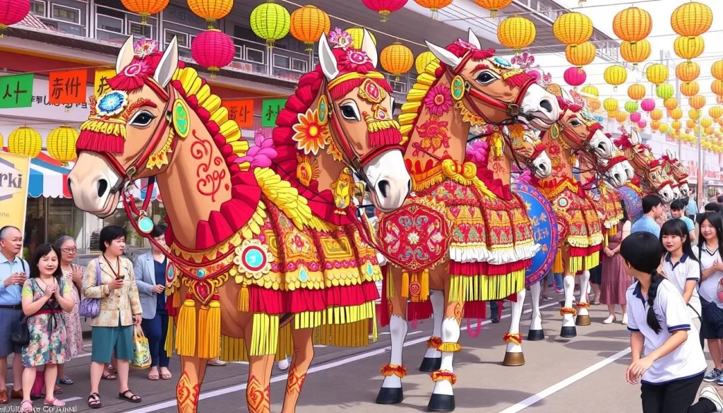 Generate an image of the Chagu Chagu Festival in Morioka, featuring decorated horses and traditional costumes.