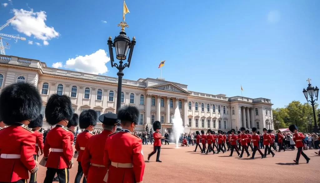 Generate an image of the Changing of the Guard ceremony at Buckingham Palace