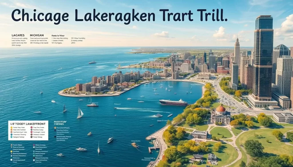 Generate an image of the Chicago Lakefront Trail map with scenic views of Lake Michigan