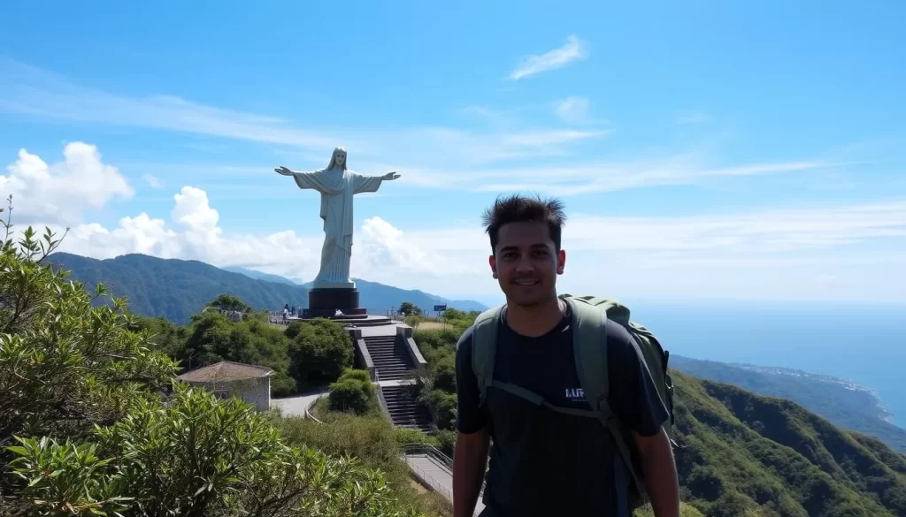 Generate an image of the Christ of Mercy statue in San Juan del Sur, Nicaragua, with a hiker in the foreground.