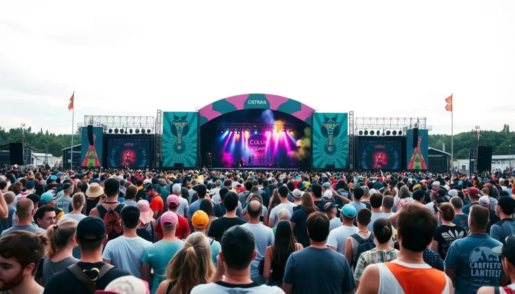 Generate an image of the Colours of Ostrava festival with a diverse crowd and multiple stages.