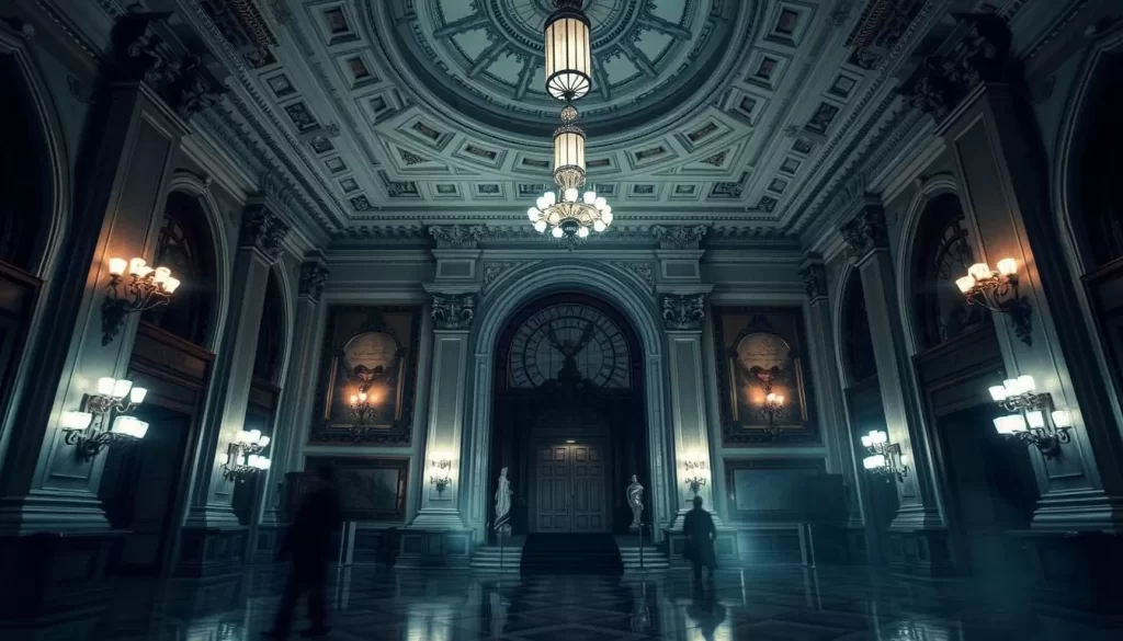 Generate an image of the Congress Plaza Hotel's grand lobby with a hint of paranormal presence.