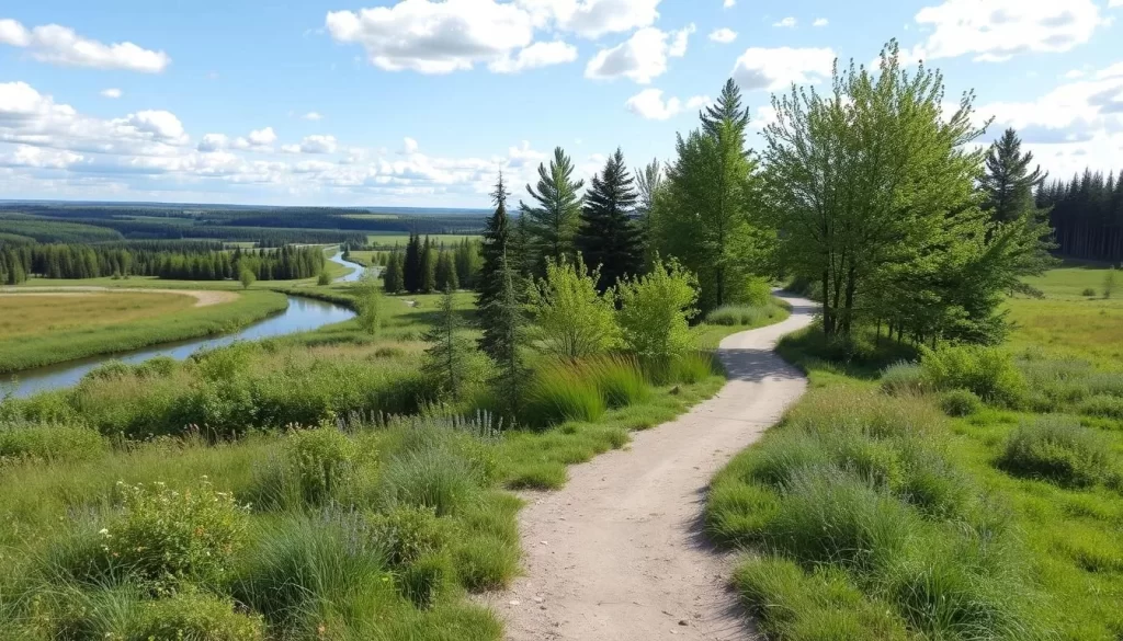 Generate an image of the Crow Wing Trail in Niverville, Manitoba, highlighting its scenic beauty and walking paths.