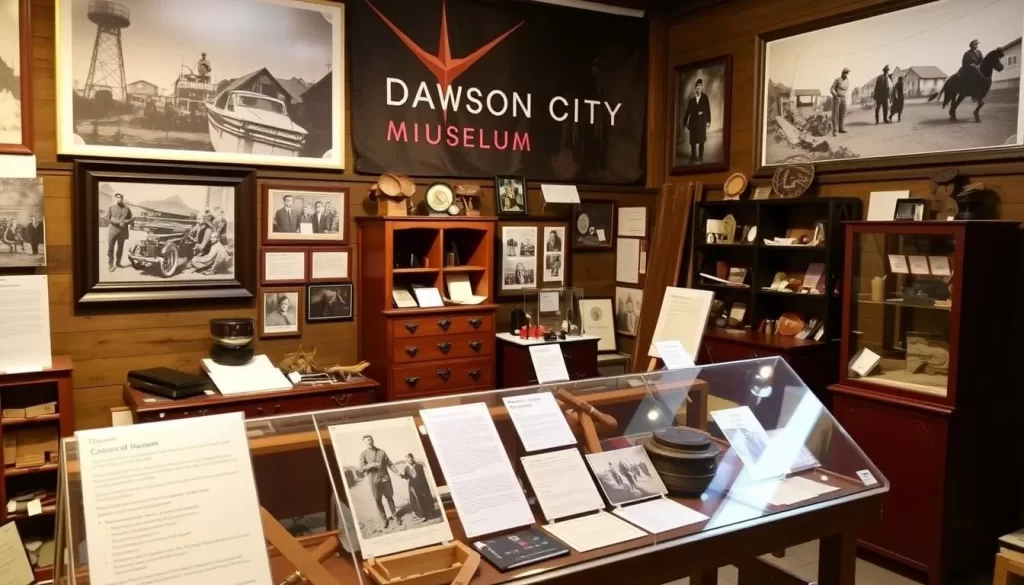 Generate an image of the Dawson City Museum, featuring a collection of artifacts and photographs that tell the story of the region's gold mining history.