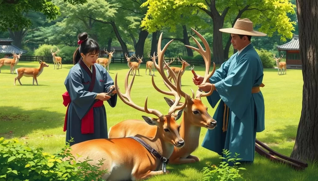 Generate an image of the Deer Antler Cutting Ceremony in Nara Park, showing veterinarians trimming the antlers of male deer.
