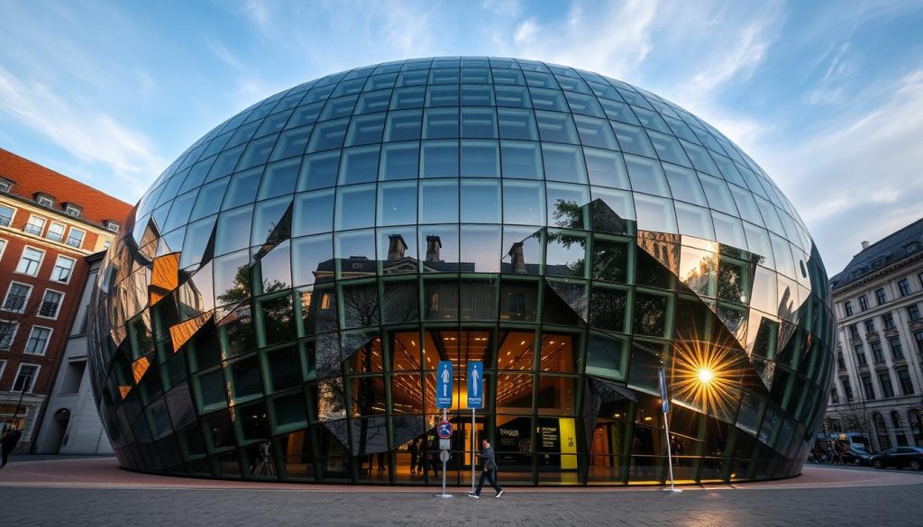 Generate an image of the Depot Boijmans Van Beuningen's striking bowl-shaped building covered in reflective glass panels.