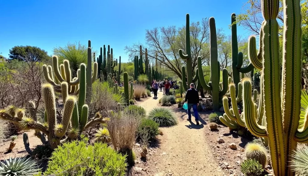 Generate an image of the Desert Botanical Garden's main trail with a variety of cacti and desert plants.