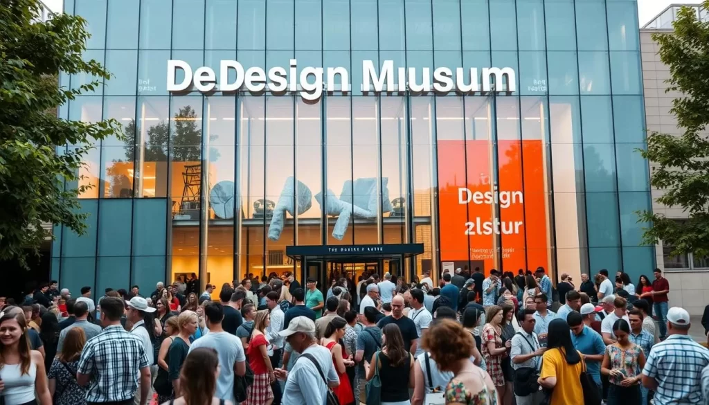 Generate an image of the Design Museum's modern facade with a crowd attending an outdoor event.