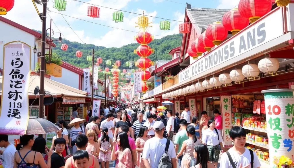Generate an image of the Dogo Onsen Summer Festival in Ehime, Japan, showcasing the vibrant atmosphere and cultural events.
