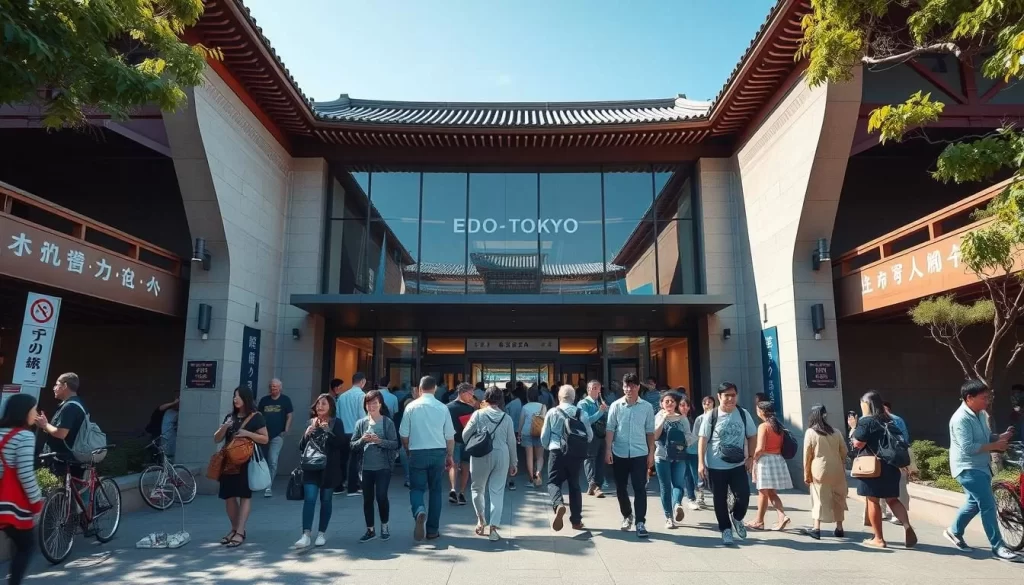 Generate an image of the Edo-Tokyo Museum's exterior with visitors walking towards it.