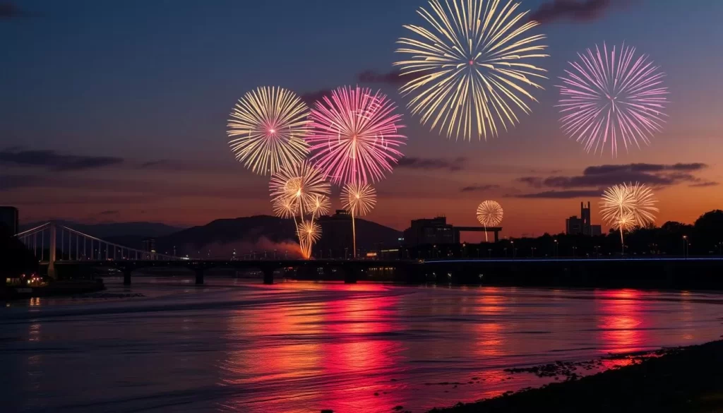 Generate an image of the Edogawa Fireworks Festival at dusk with the Edogawa River in the foreground and a vibrant display of fireworks lighting up the sky.