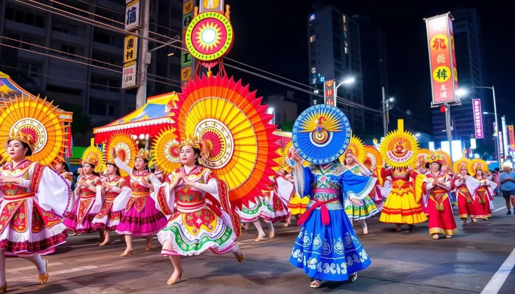 Generate an image of the Eisa Dance Festival parade in Naha, Okinawa, with 10,000 dancers in traditional costumes.