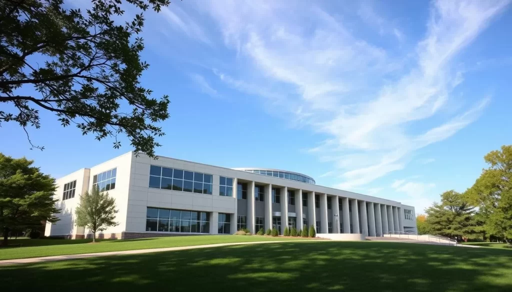 Generate an image of the Eisenhower Presidential Library and Museum, showcasing its modern architecture amidst a serene landscape.
