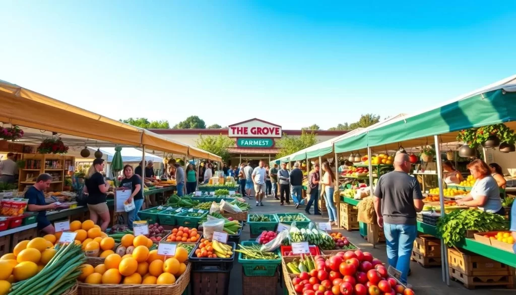 Generate an image of the Farmers Market at The Grove, highlighting its outdoor setting and variety of produce.