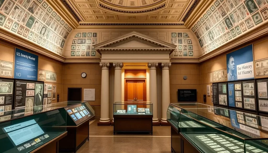 Generate an image of the Federal Reserve Bank of Chicago Money Museum's interior, showcasing its exhibits on U.S. currency history.