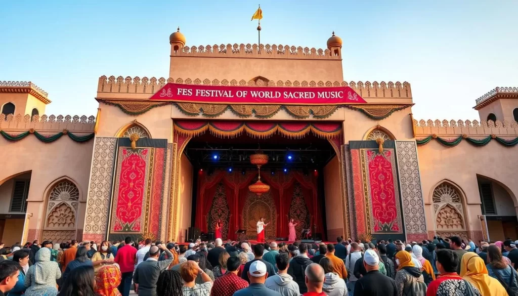Generate an image of the Fes Festival of World Sacred Music main stage at Bab Al Makina palace gate.