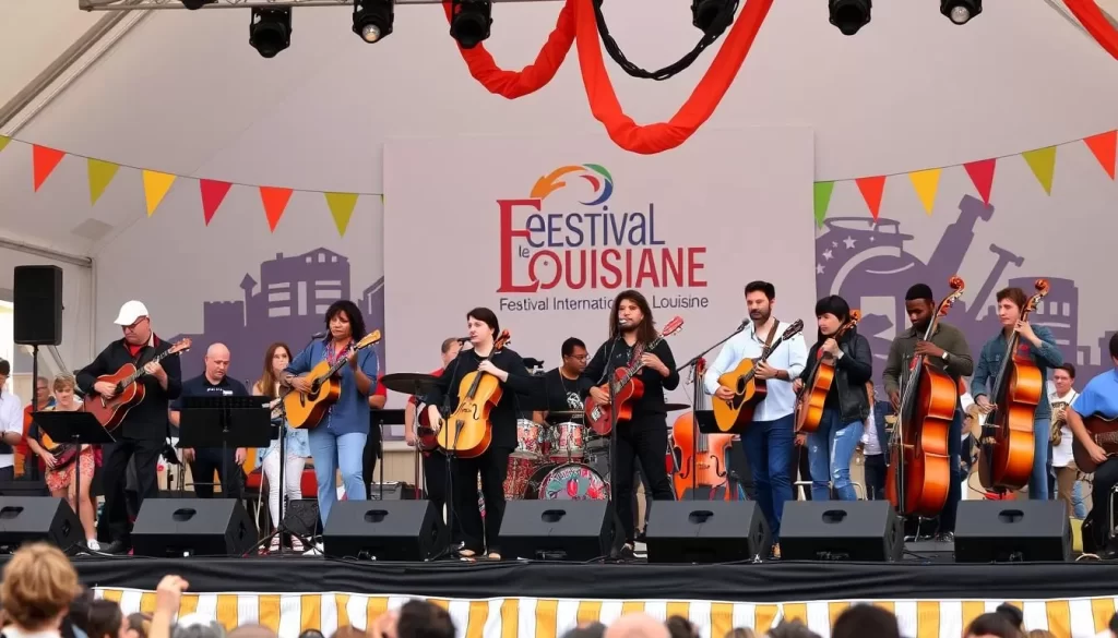 Generate an image of the Festival International de Louisiane stage, showcasing musicians from different French-speaking countries performing together.