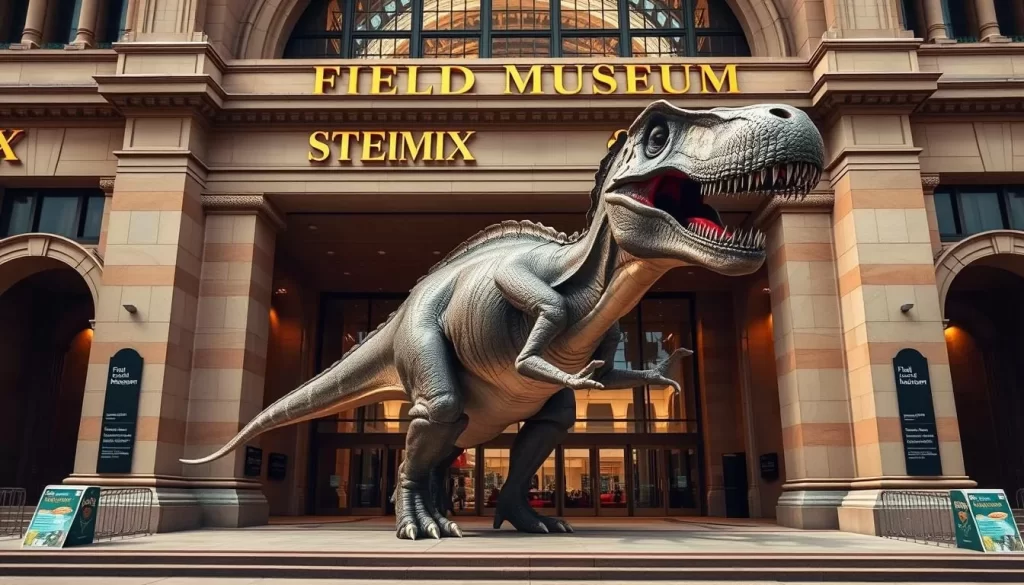 Generate an image of the Field Museum's grand entrance with Máximo the Titanosaur.