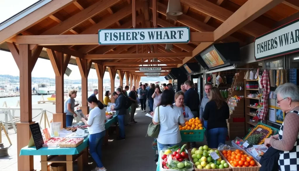 Generate an image of the Fisherman's Wharf Pavilion on Vale Island, showcasing local vendors selling fresh produce and handmade crafts.