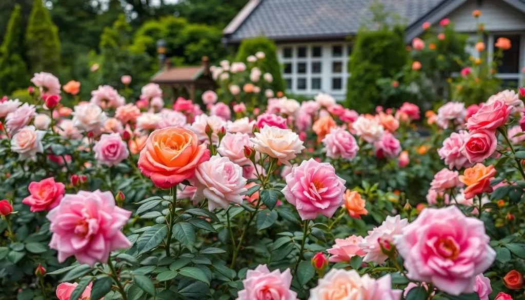 Generate an image of the Former Furukawa Residence's garden with blooming roses.