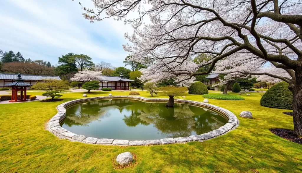 Generate an image of the Former Yasuda Garden in Tokyo, showcasing its heart-shaped pond and traditional Japanese landscaping.