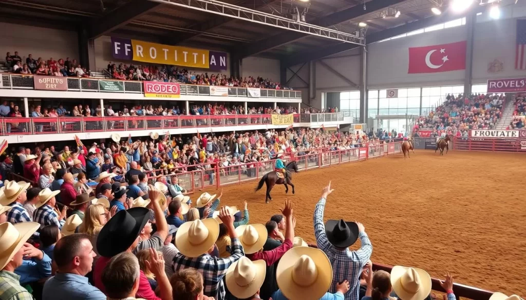 Generate an image of the Frontier Days Exhibition rodeo arena with spectators cheering.