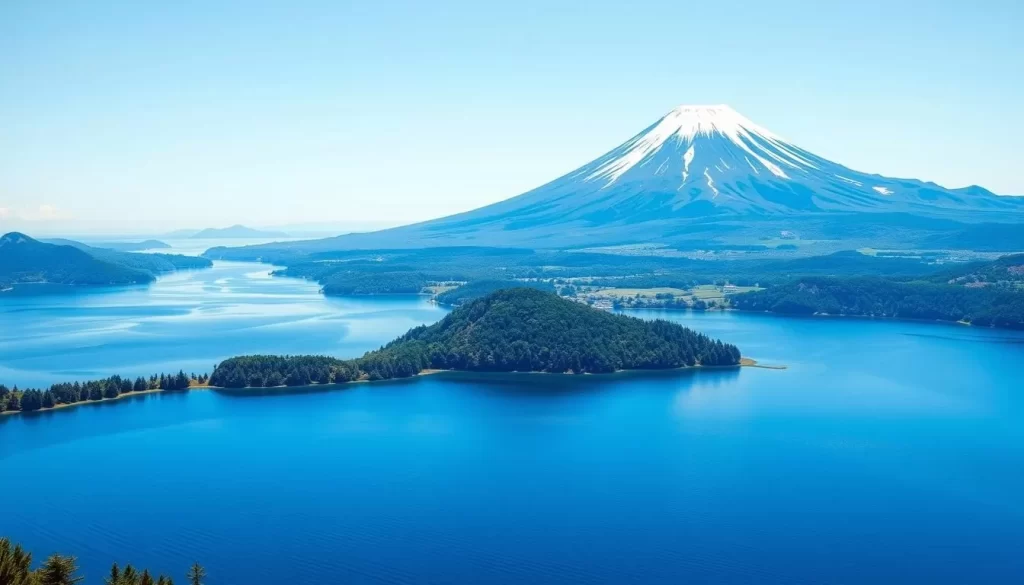 Generate an image of the Fuji Five Lakes region, showcasing Mount Fuji and the surrounding lakes.