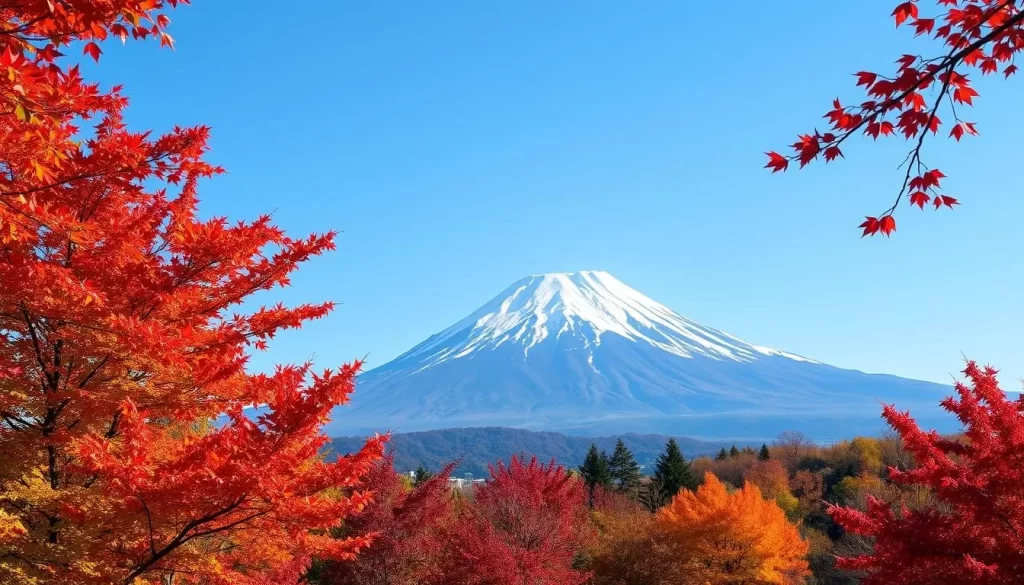 Generate an image of the Fuji-Kawaguchiko Autumn Leaves Festival with Mt. Fuji in the background.