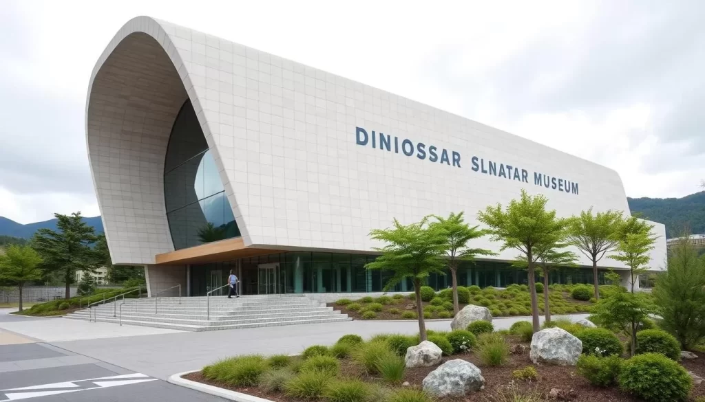 Generate an image of the Fukui Prefectural Dinosaur Museum's exterior, showcasing its modern architecture amidst natural surroundings.