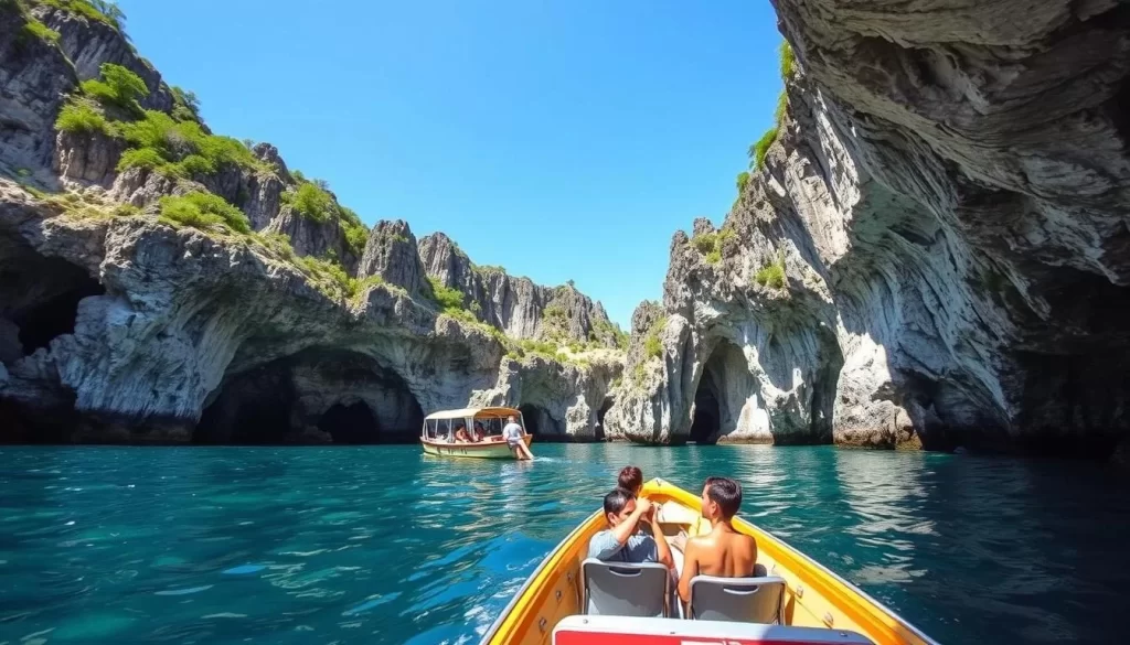 Generate an image of the Ganmon Caves, with visitors exploring the caves by boat amidst the stunning coastal formations.