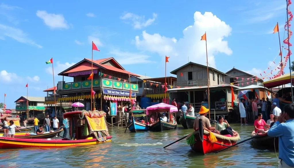 Generate an image of the Ganvié stilt village during the festival, with colorful boats and vibrant celebrations.
