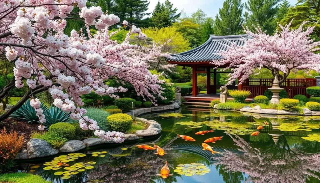 Generate an image of the Garden of the Phoenix with cherry blossoms and koi ponds.