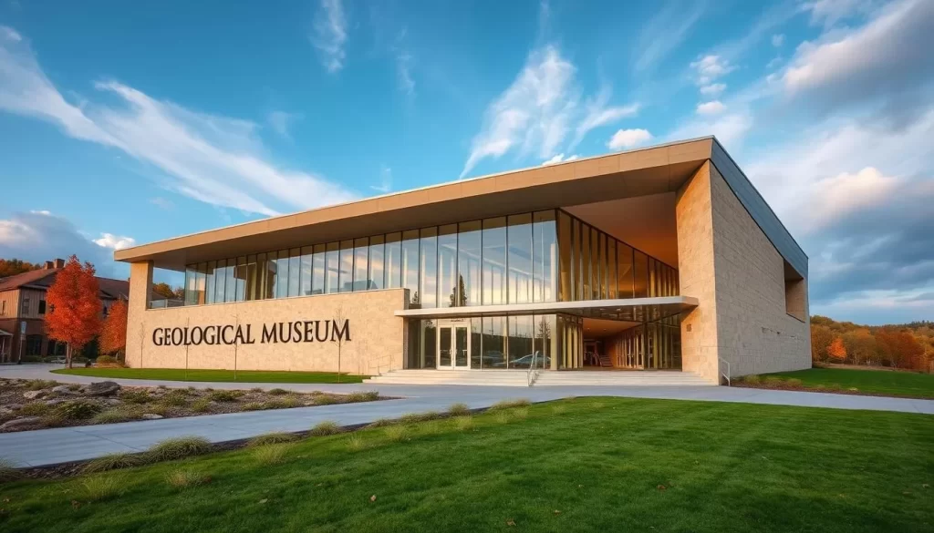 Generate an image of the Geological Museum's exterior, showcasing its modern architecture amidst a natural setting.