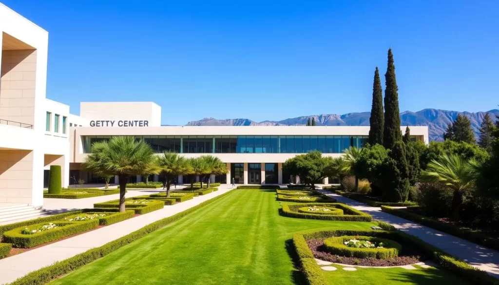 Generate an image of the Getty Center building with its gardens