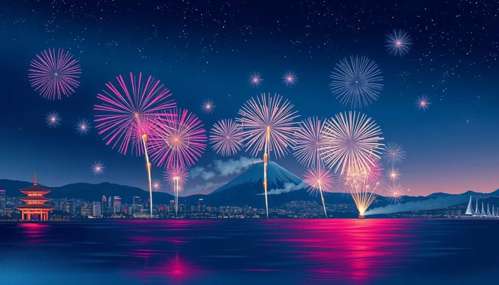 Generate an image of the Gion Kashiwazaki Festival Sea Fireworks, with a vast array of fireworks lighting up the night sky over the Sea of Japan.