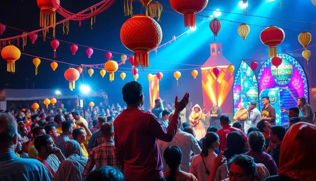 Generate an image of the Gnaoua World Music Festival in Essaouira, Morocco, showcasing the vibrant atmosphere and diverse crowd enjoying the music.