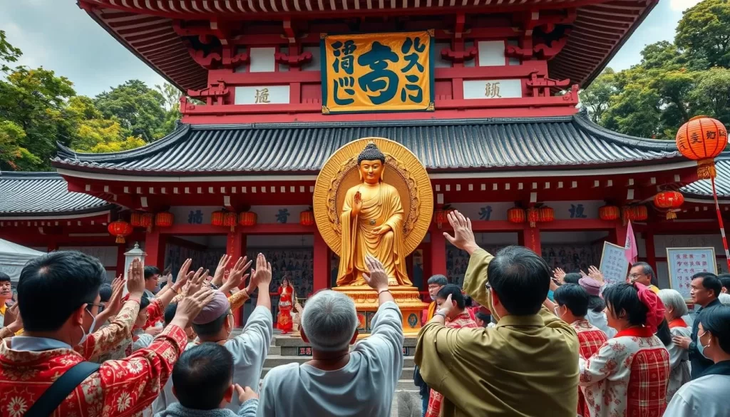 Generate an image of the Gokaicho Festival at Zenkoji Temple, with a replica of the hidden Buddha statue and devotees touching the sacred pillar.