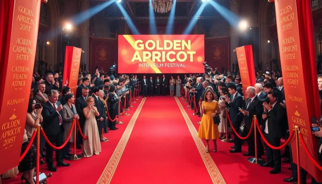 Generate an image of the Golden Apricot International Film Festival, showcasing a red carpet event with Armenian and international cinema personalities.
