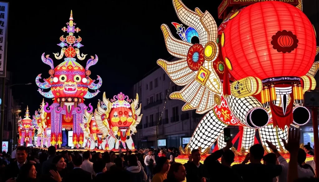 Generate an image of the Goshogawara Tachineputa Festival's giant illuminated floats parading through the streets at night.