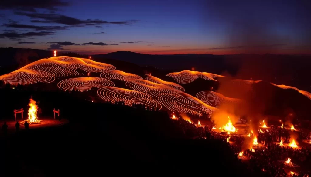 Generate an image of the Gozan Okuribi fire festival in Kyoto, with large bonfires forming intricate patterns on the mountain slopes.