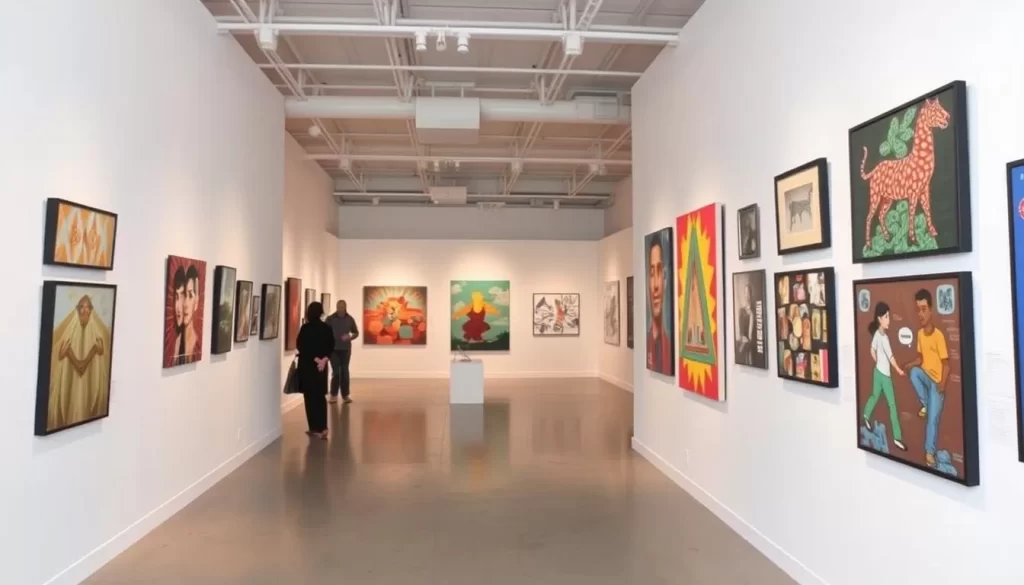 Generate an image of the Grand Central Art Center's contemporary exhibition space with diverse art pieces.