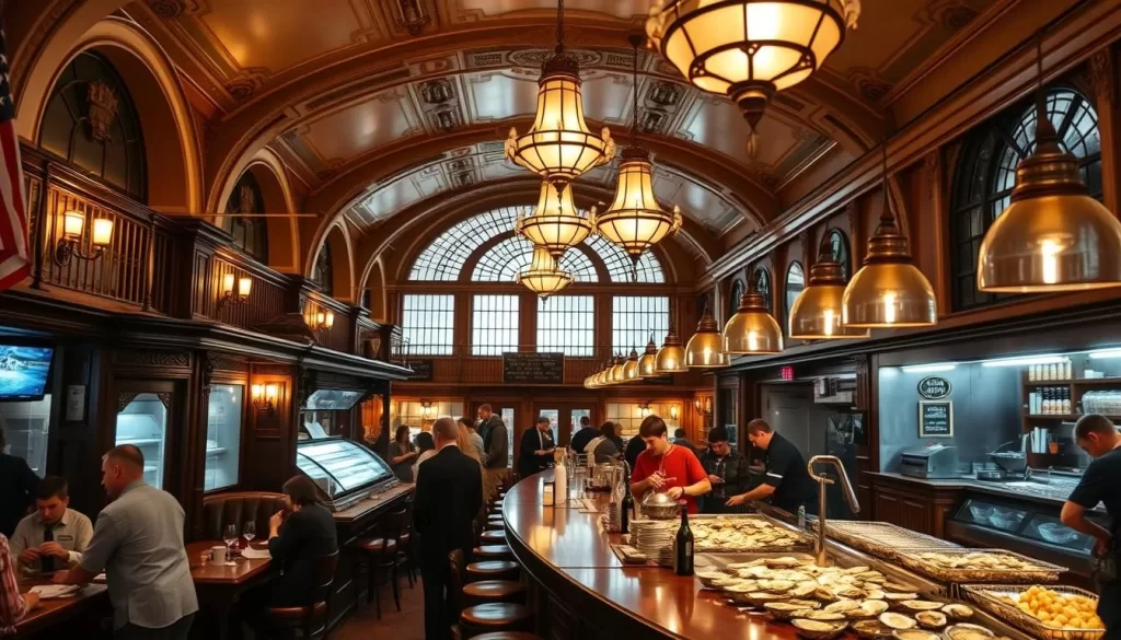 Generate an image of the Grand Central Oyster Bar's interior, showcasing its historic ambiance and bustling oyster counter.