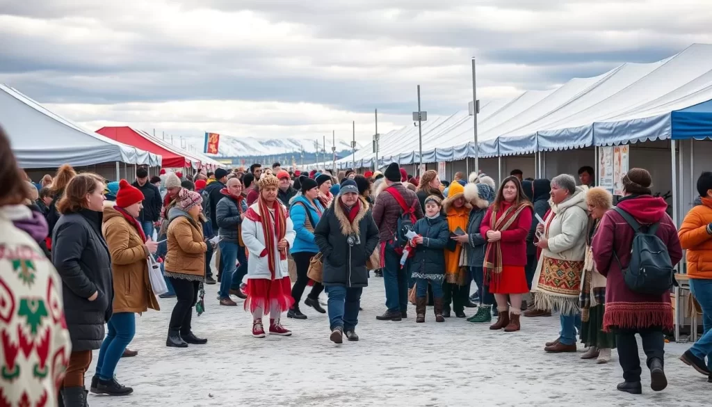 Generate an image of the Great Northern Arts Festival in Inuvik, Northwest Territories, showcasing artists and performers from around the polar world.
