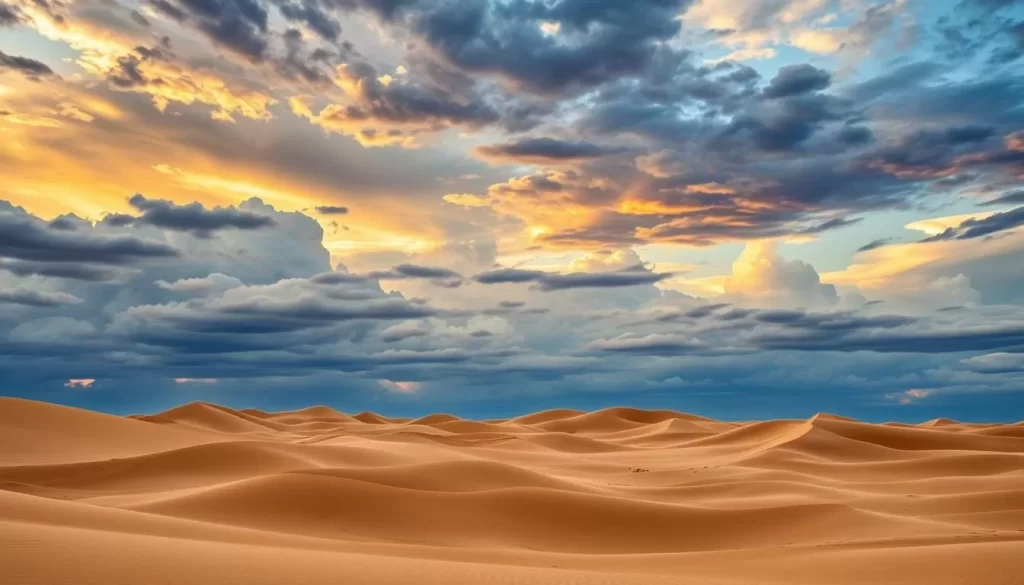 Generate an image of the Great Sandhills with sand dunes and a dramatic sky.