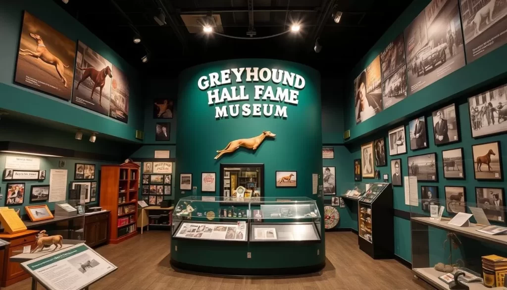 Generate an image of the Greyhound Hall of Fame Museum with exhibits showcasing greyhound racing history.