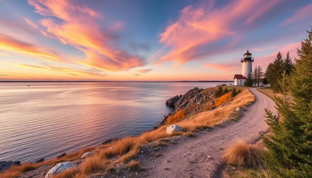 Generate an image of the Gull Harbour Lighthouse Trail on Hecla Island, showcasing its scenic views of Lake Winnipeg.