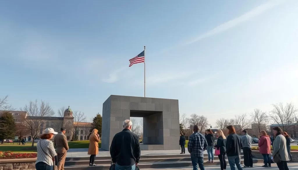 Generate an image of the Harrisburg Holocaust Monument in Riverfront Park, with a serene background and people paying respects.