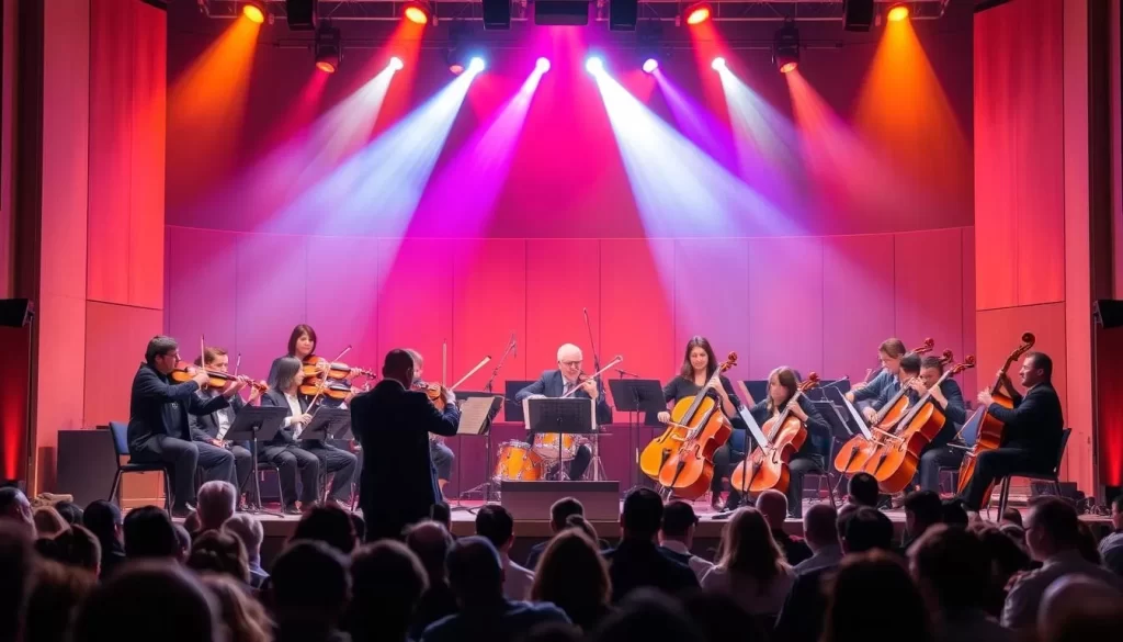 Generate an image of the Harrisburg Symphony Orchestra performing on stage.