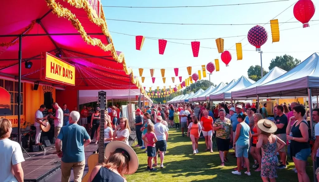Generate an image of the Hay Days Festival, featuring live music performances and family-friendly activities.